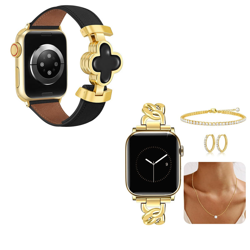 MOINSPIRE Designer Slim Leather Bands for Women Slim Band and 3Pcs 18k Golden Jewelry Set Bundle Compatible with Apple Watch 38mm 40mm 41mm 42mm 44mm 46mm 45mm 49mm for iWatch Series 11/10/9/8/7/6/5/4