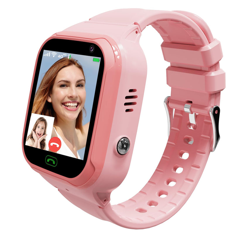 4G Kids Smart Watch GPS Tracker, Boys Girls Kids Smartwatches Phone Watch Video Call SOS Emergency Alarm Voice Chat Game and Touch Screen Tracking Smartwatch for Age 4-12 (Pink) Pink