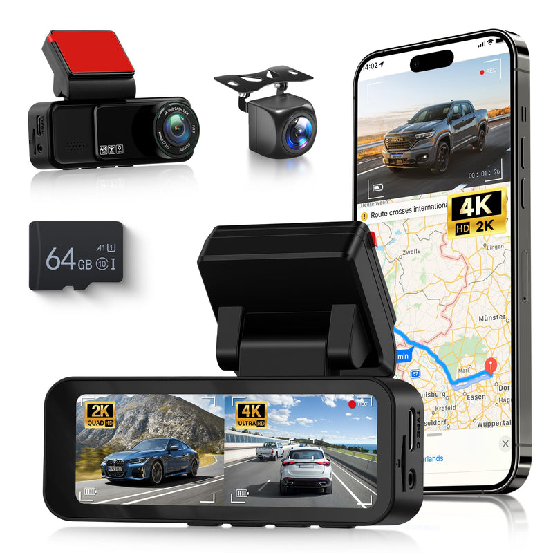 2 Channel 4K Dash Cam Front and Rear, 3.16 Inch Dash Camera Support WiFi GPS Starlight Night Vision Sensitive Motion Detection 24/7 Recording Parking Mode Monitor Reversing Help ADAS BSD LCA