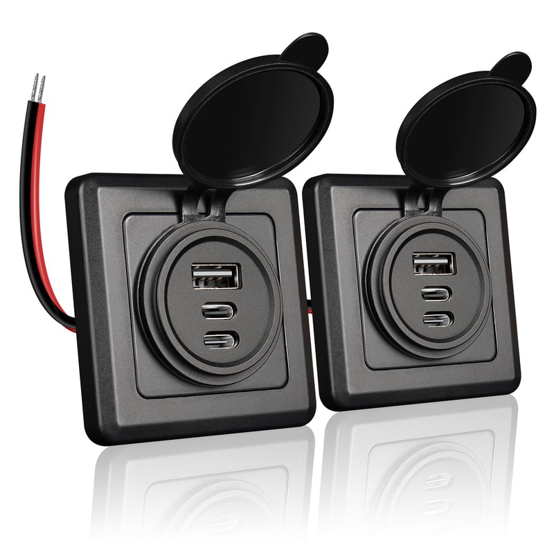 RV USB Wall Outlet, 3 Port Dual USB-C & USB-A 12V Fast Charging | Aluminum Waterproof 12 Volt Quick Charging Port,12V USBC Charger with Black Faceplate, for RV, Boat, Caravan(2 PACK) 2 PACK