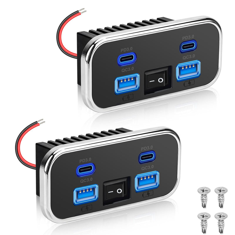 Linkstyle 2PCS RV USB Outlet, 76W Dual 18W USB-A & Dual 20W PD3.0 Ports, Power Outlet Panel with Switch for 12V/24V Car Truck Marine