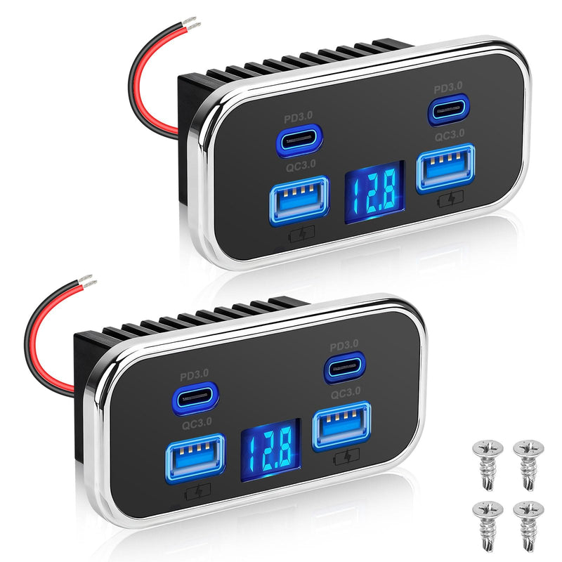 Linkstyle 2PCS RV USB Outlet, 76W Dual 18W USB-A & Dual 20W PD3.0 Ports, Power Outlet Panel with Voltmeter for 12V/24V Car Truck Marine