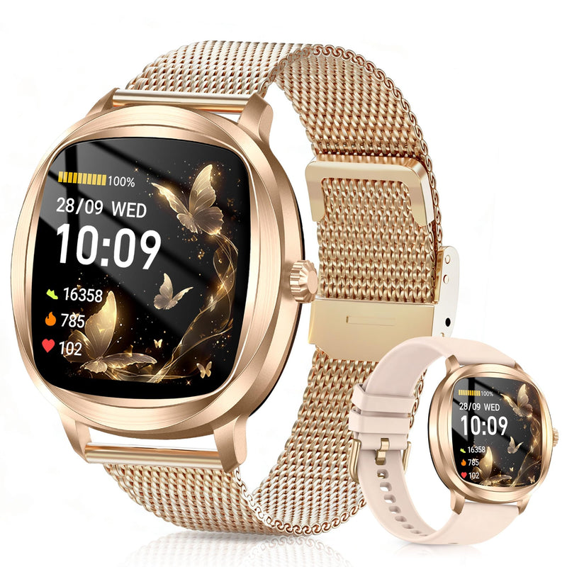 Smart Watch for Women, 1.72" Fitness Tracker with Answer/Make Calls, Sleep/Heart Rate Monitor, Smartwatch for Android iOS Support 100+ Sports Modes, IP68 Waterproof, Fitness Watch with 2 Band (Gold)