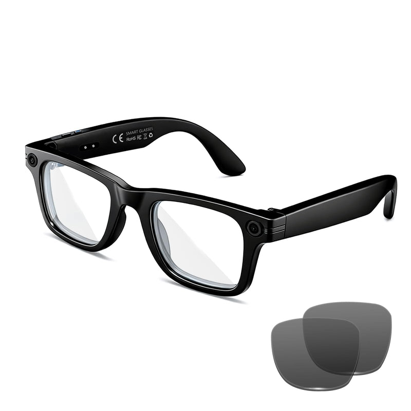 AI Smart Glasses with 8MP Camera, 1080P Video & HD Photo, Bluetooth Audio, AI Voice Assistant, Real-Time Translation, Object Recognition, Noise-Cancel Calls, Photochromic +2 Sunglasses Lenses Black
