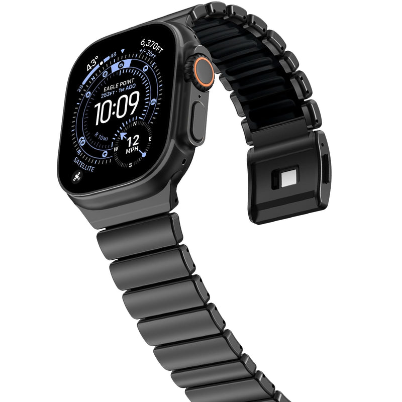 NewWays Stainless Steel & Silicone Hybrid Band for Apple Watch Ultra 3 2 1 (49mm) & Series 11 10 9 8 7 6 5 4 SE 46mm 45mm 44mm Link Bracelet Magnetic Clasp Sport Metal Strap for Men Black w/ Black 44mm/45mm/46mm/49mm/42mm(S3)