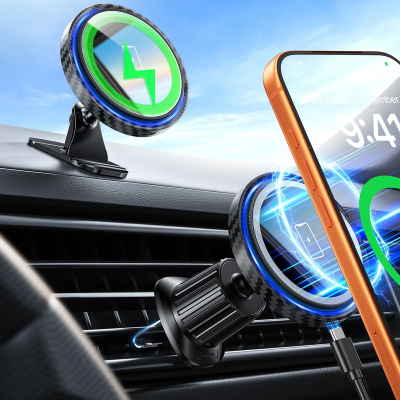 Magnetic Car Charger Mount 15W for iPhone 17-12 Pro Max | N52 Strong Magnets, 360° Rotation, Dashboard & Vent Mount, Compatible with Magnetic Cases, Gift for Men, Black CFBlack