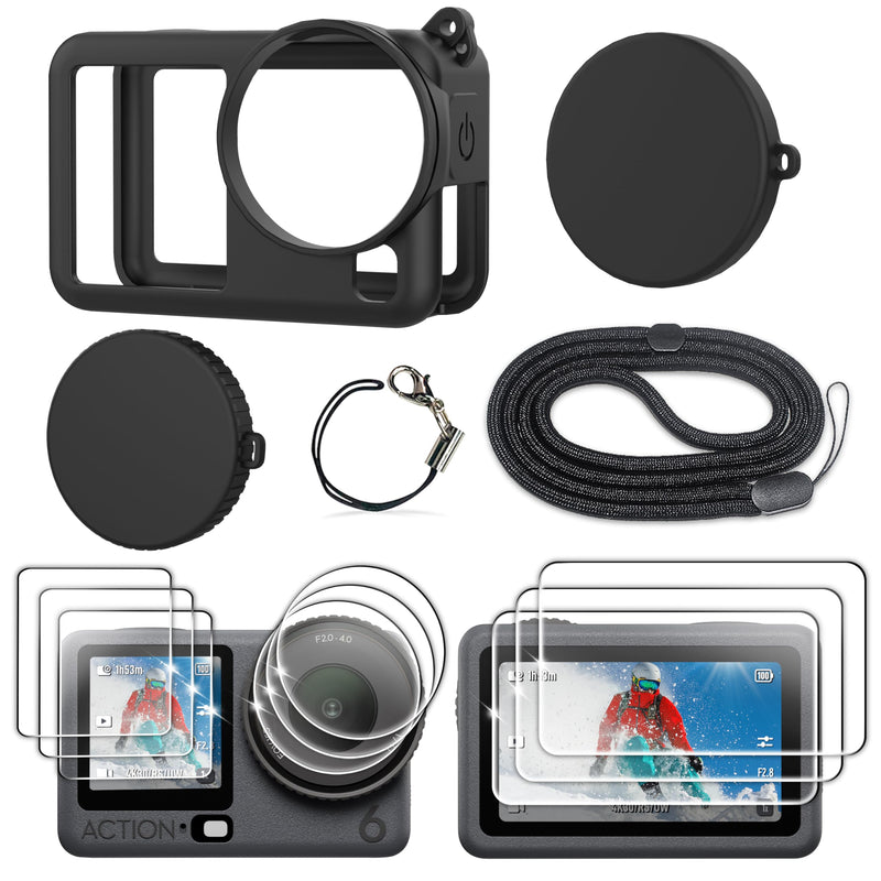 FiTSTILL Silicone Rubber Case+3Pack Tempered Glass Protector Compatible for DJI Osmo Action 6,Rubber Case&Lens Caps&Screen Protectors&Lanyardfor Protective Full Cover Shell Action6 Accessories Kit
