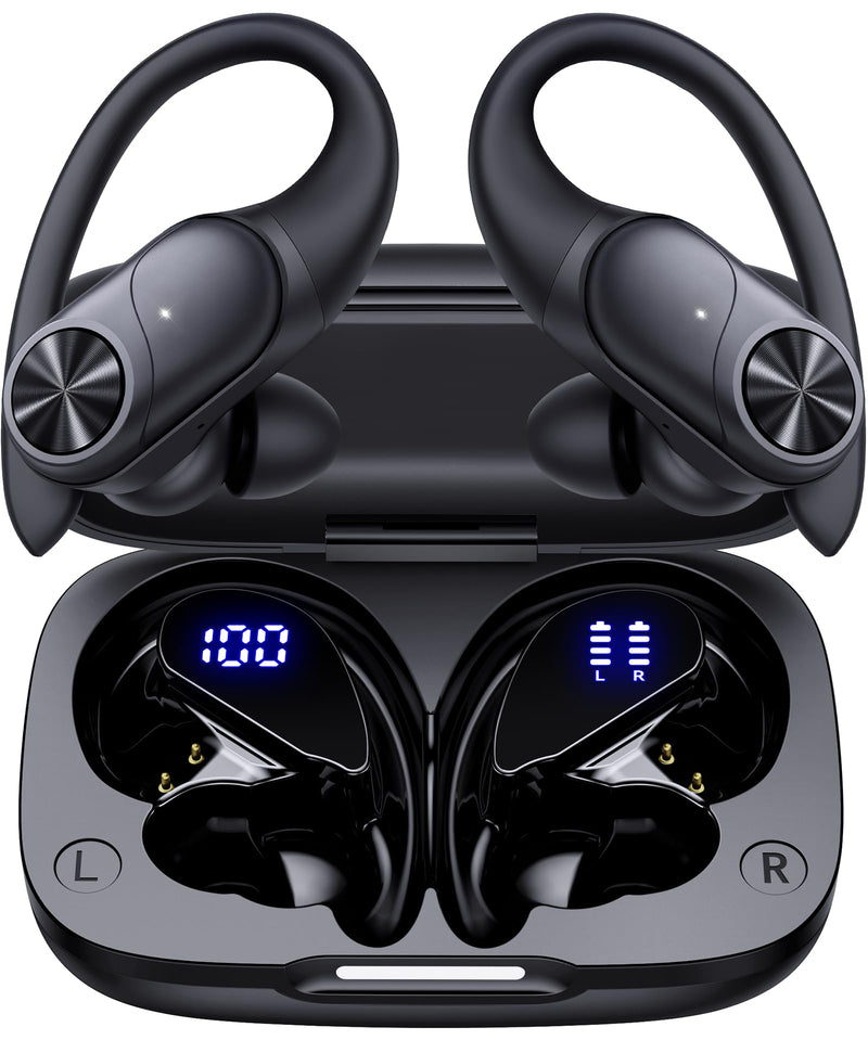 PocBuds Bluetooth Headphones Wireless Earbuds 80hrs Playtime Wireless Charging Case Digital Display Sports Ear Buds with Earhook Deep Bass IPX7 Waterproof Over-Ear Earphones for TV Phone Laptop Black AI Buds Pro