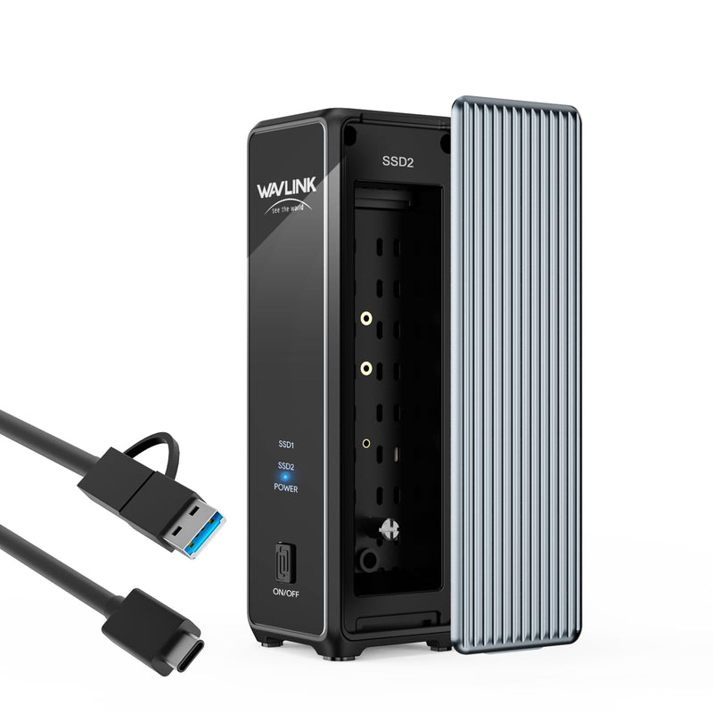 WAVLINK M.2 SSD Enclosure, 20Gbps Dual NVMe Enclosure for NVMe M-Key/B+M-Key SSDs, Tool-Free M.2 Enclosure for PCIe 2230/2242/2260/2280, RAID 0, PD 20W, with Active Cooling Fan, up to 8TB per Drive 20Gbps No Offline Cloning