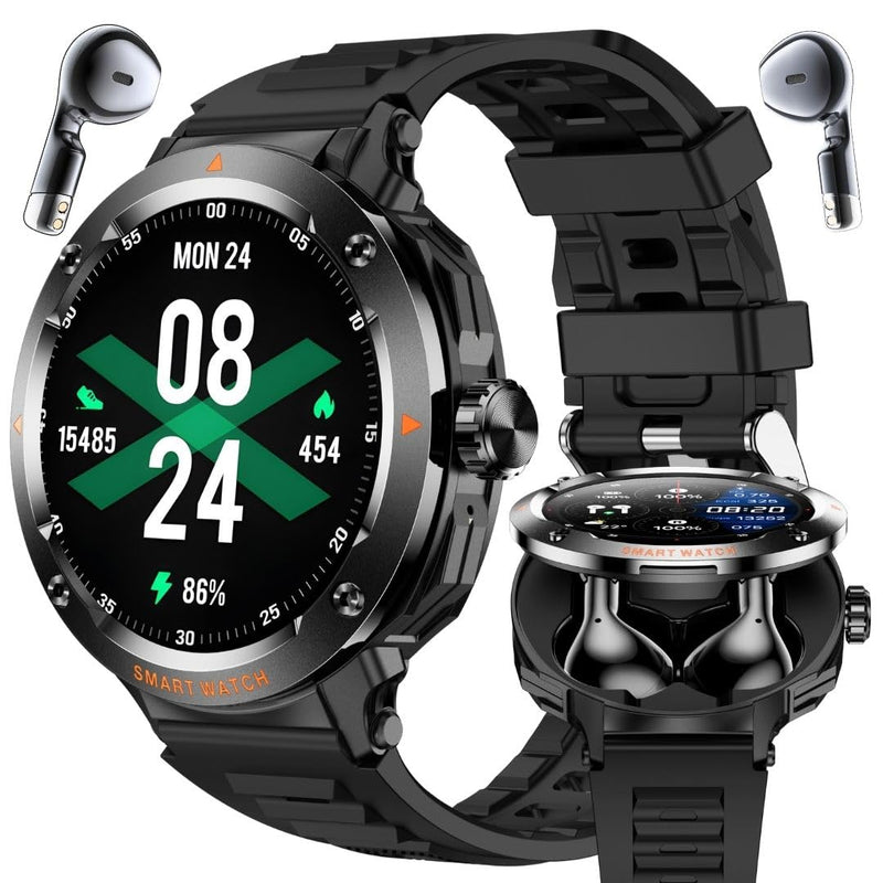 2-in-1 Smartwatch with Earbuds - Zinc Alloy Bezel, 1.46" Round Display, Bluetooth Call Function, Music Playback, NFC, Multiple Sports Modes, Fitness Tracking, Compatible with iPhone Android Smartphone