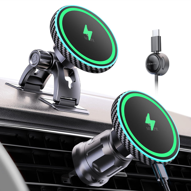 for iPhone Magsafe Car Mount Charger Vent-LED Wireless Car Charger | Magnetic Car Phone Holder HandsFree Car Mount Fast Car Charger for iPhone 17/16/15/14/13/12 Series Carbon Firber Gcarbon fiber