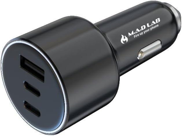 M.A.D LAB 84W 3-Port Fast Car Charger, Dual 33W USB-C and 18W USB-A | Cigarette lighter USB charger with PD and QC 3.0 fast charging for iPhone 17-13, Samsung Galaxy, iPad, Android and Switch 2026