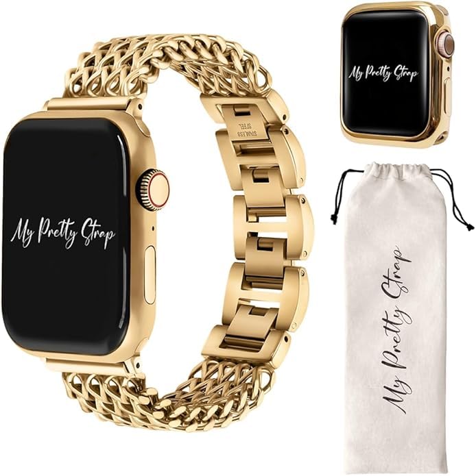 My Pretty Strap Gold Apple Watch Band & Glossy XOXO Protective Case Bundle – Elegant Stainless Steel Strap & Luxury Metal Cover for Apple Watch Series 1-11, SE & Ultra (46MM) Mermaid