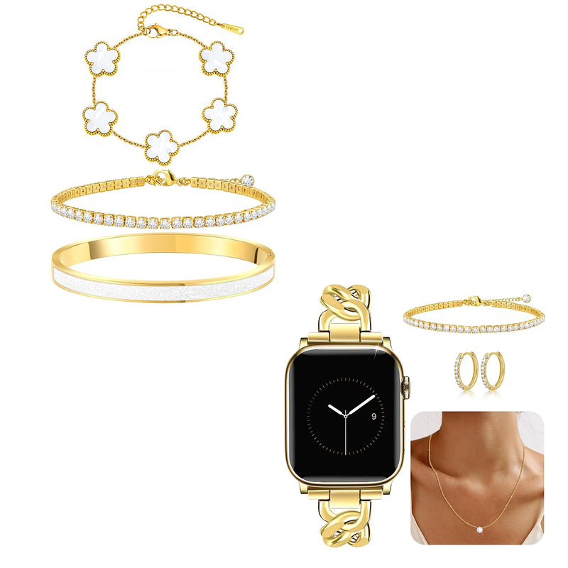 MOINSPIRE 18K Gold Bracelets Set for Women and Slim Band and 3Pcs Diamond Jewelry Set Bundle Compatible with Apple Watch 38mm 40mm 41mm 42mm 44mm 46mm 45mm 49mm for iWatch Series 11/10/9/8/7/6/5/4/3/