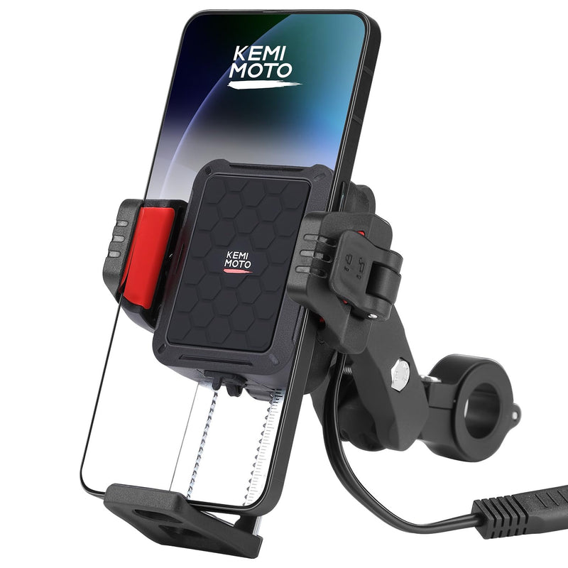 KEMIMOTO Anti-Theft Motorcycle Phone Mount with Qi 15W Wireless Charger | with 33W PD/USB-C Fast Charging Port, Anti-Vibration Dampener, One-Hand Operation, 360° Adjustable for 5.4''-7.2'' Cellphone