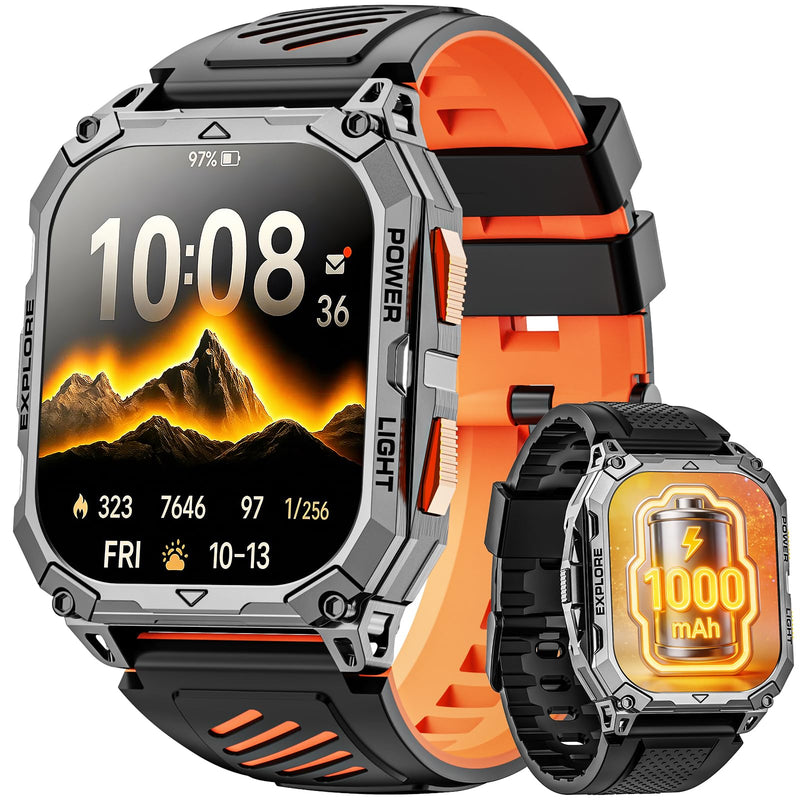 Smart Watches for Men, 2.01" HD Military Smart Watch with 1000mAh High-Capacity Battery/Led Flashlight/Answer/Make Call/Heart Rate/Sleep Monitor/Step Tracker, Fitness Tracker for Android/iPhone Orange