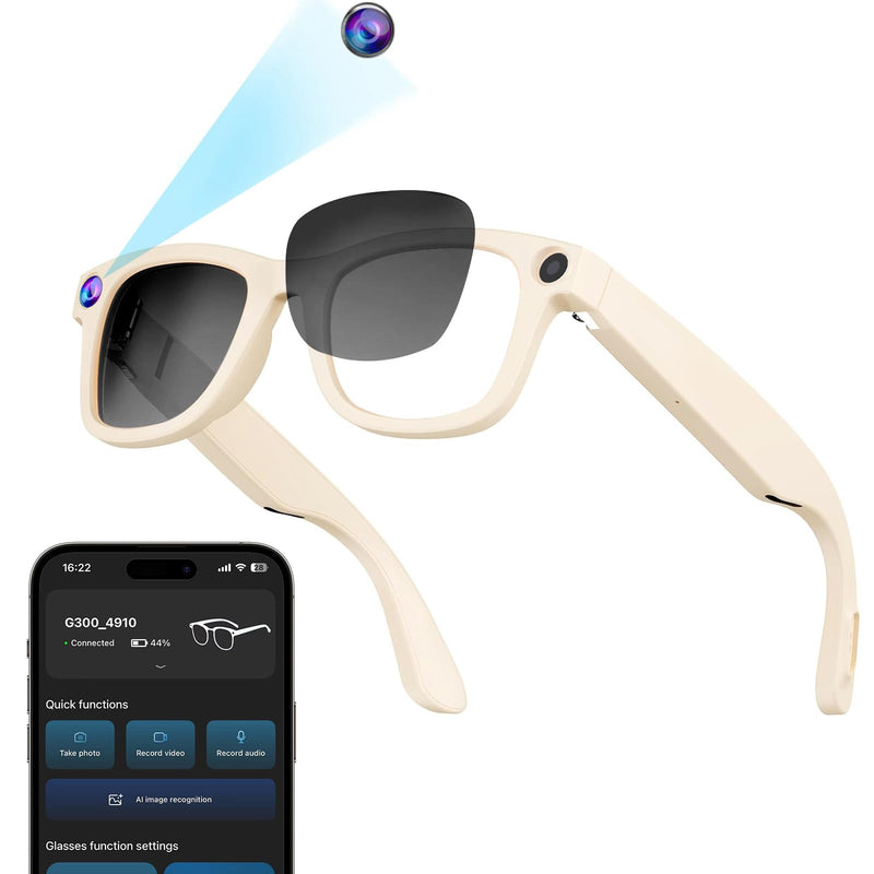 AI Smart Glasses with Camera, 1080P HD Anti-Shake Recording Glasses | ChatGPT Voice Assistant, UV Protection, Real-Time Translation,Open Ear Earbuds for Travel/Meetings/Vlog White