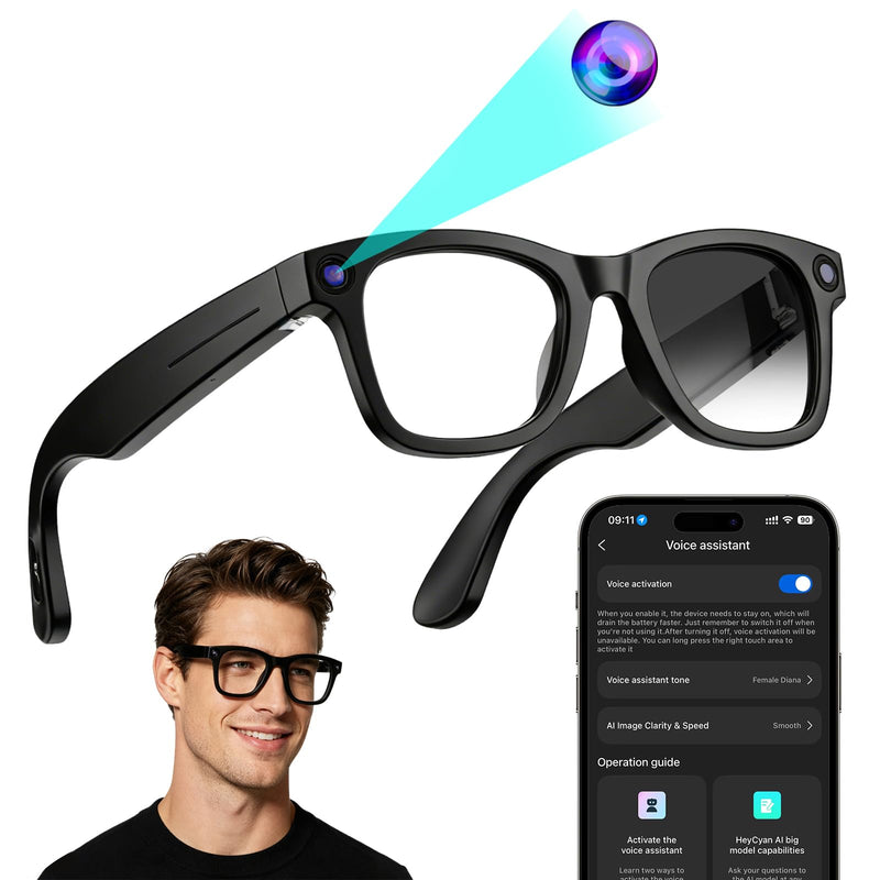 AI Smart Glasses with Camera, 1080P HD Anti-Shake Recording Glasses | ChatGPT Voice Assistant, UV Protection, Real-Time Translation,Open Ear Earbuds for Travel/Meetings/Vlog