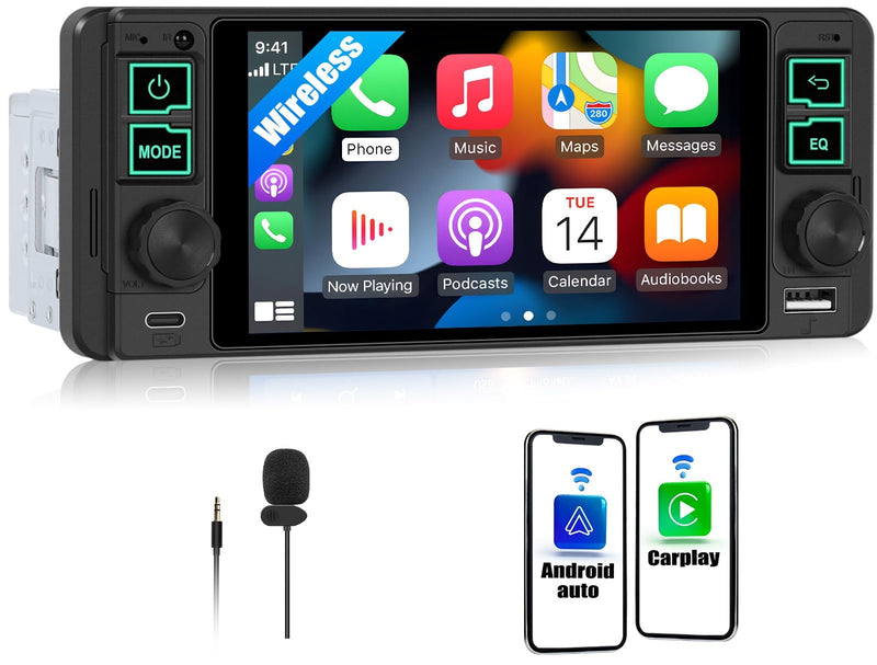 Single Din Car Stereo with Wireless Apple Carplay Android Auto, 5.1" InCell Touchscreen Car Radio with Bluetooth 5.2 Handsfree Mirror Link 1 Din Head Unit with FM/Type-C/USB/EQ/Microphone 5.1-In Incell Screen