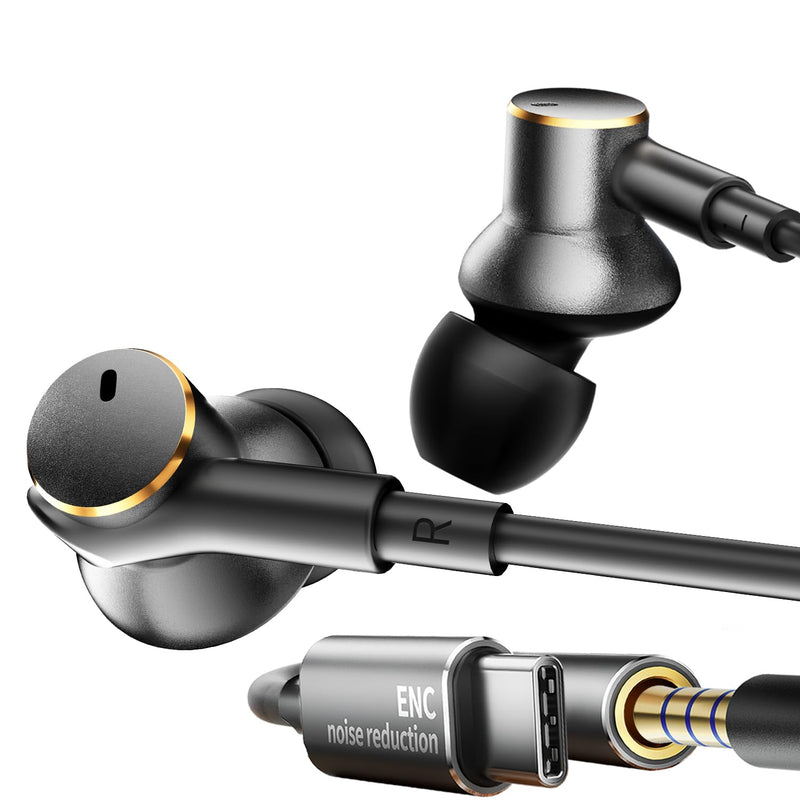 Premium Wired Ear bud with Speech Noise Reduction-Rich Deep Bass Earphones | Dual-Driver In-Ear Calls Noise Cancellation Earbuds USB C & 3.5mm Plug,Noise-Isolating Hi-Fi Headphone Wired Volume Control