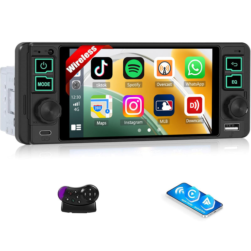 Single Din Radio Car Stereo with Wireless and Wired CarPlay & Android Auto 5.1" with Bluetooth 5.2 Car Audio Receiver AM&FM, EQ, TF, AUX＆USB, Fast Charging, AHD Backup Camera MIC