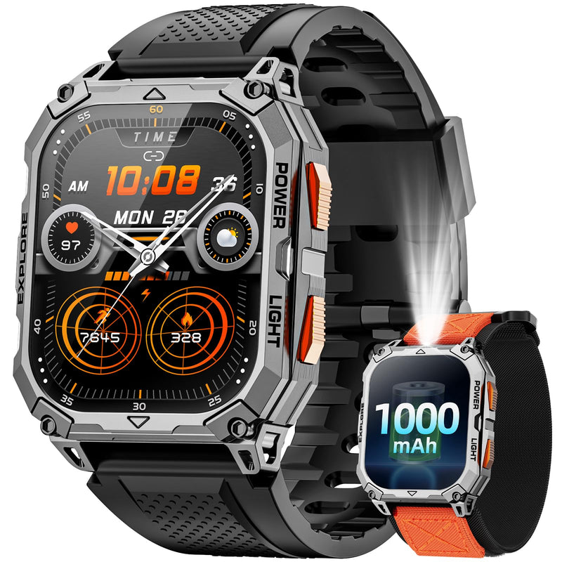 Military Smart Watches for Men, 2.01" HD Smartwatch with 1000 mAh Battery/2 Straps/Answer/Make Call/Led Flashlight/Heart Rate/Sleep Monitor, 100+ Sport Modes Fitness Tracker for Android/iPhone