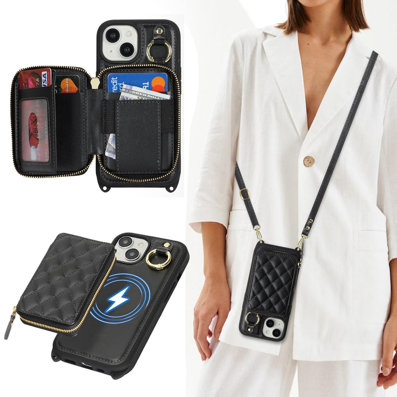 Cavor for iPhone 13 Wallet Case with Card Holder, Black | for iPhone 13 Case with Strap, Crossbody Lanyard Phone Case for Women Men, Magnetic Detachable Compatible with Magsafe