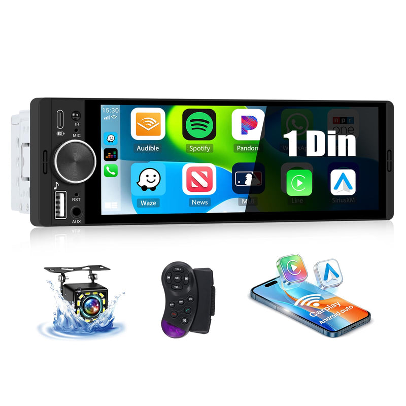 Single Din Car Stereo Radio with Wireless Carplay&Android Auto,6.28 Inch 1 Din Touchscreen Car Radio with Bluetooth FM Radio Mirror Link for iOS/Android USB/Type-C SWC Car Multimedia Player 6.28 Inch with Carplay