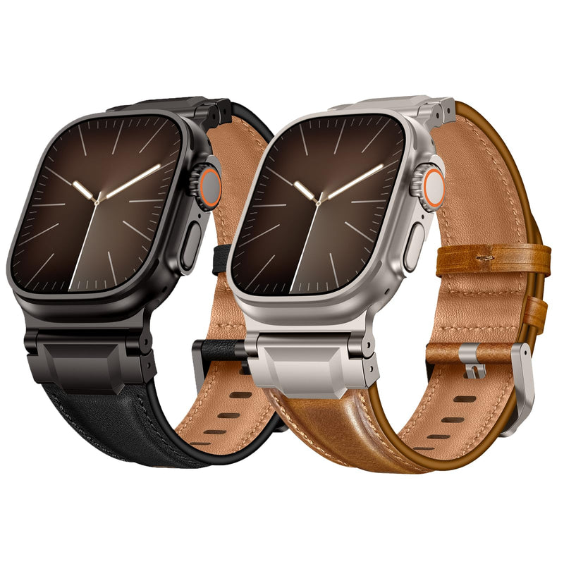 Leather Bands Compatible with Apple Watch Ultra 3/2/1 Band 49/46/45/44/42mm Men, Genuine Leather Metal Connector Strap for iWatch Ultra Series 11/10/9/8/7/SE/6/5/4, Black/Black+Brown/Titanium