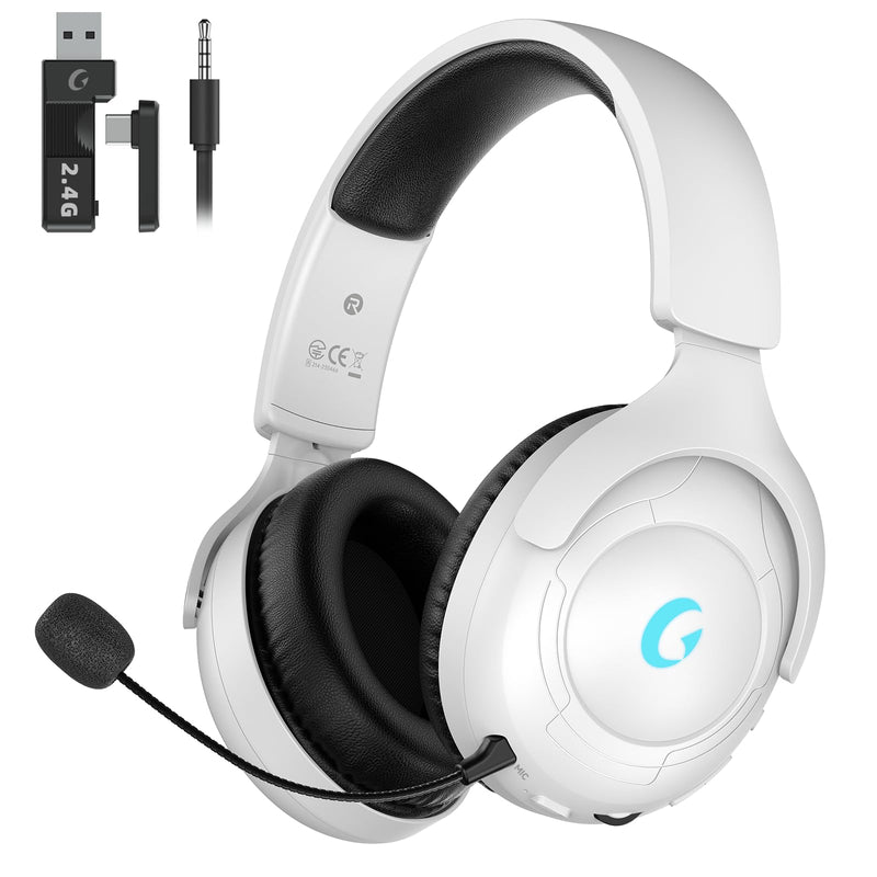 Wireless Gaming Headset for PS5/PS4,PC,Switch,Mac, 2.4GHz Gaming Headset with Mic, 45H Battery, Surround Sound, Noise Cancelling Over Ear Headphones Bluetooth 5.3, for Xbox Needs 3.5mm Cable - White