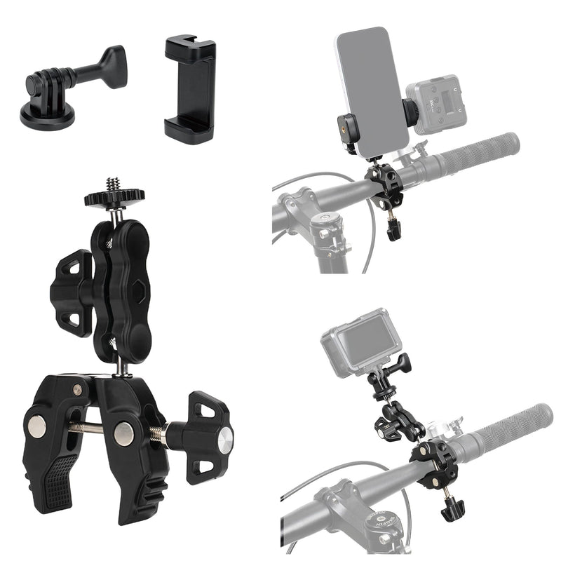 JJC Super Camera Clamp Mount Kit with 1/4'' Ballhead for DSLR DJI Osmo Gopro Hero Insta360 Action Camera Smartphone on Desk Motorcycle Bicycle Bracket Handrail Trolley Cross Bar Flag Vlog Video Record Clamp Kit