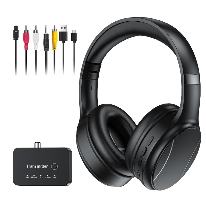 Wireless Headphones for TV, Bluetooth & 2.4G Dual-Mode Headphones with Transmitter Box, 5 Equalizer Presets with Clear Dialogue, Built-in mic for Calls, TV Ear Headsets, Black