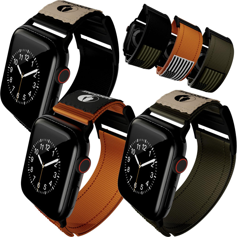 3 Pack of Mossy Oak Nylon Apple Watch Band - Hunter Orange, Onyx Black, and Olive Drab Green w/USA Flag Patch by cellhelmet - Velcro Black iWatch Band w/American Flag - 44MM 45MM 46MM 49MM - Regular Length