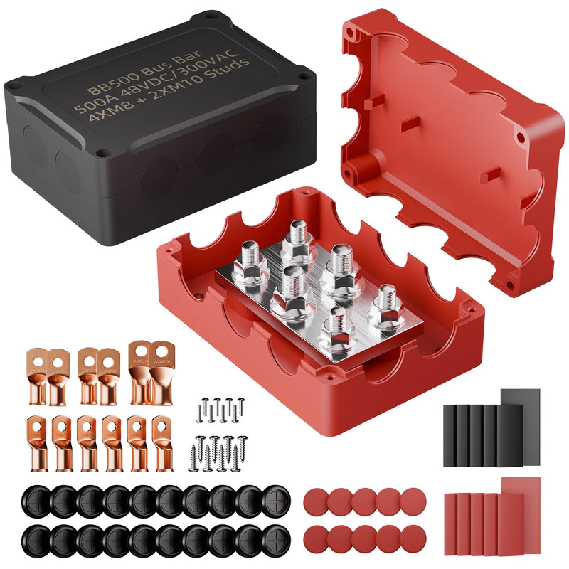 DAIERTEK Copper Bus Bar 12V 500A Heavy Duty Power Distribution Block Waterproof Battery Terminal with Cover, Ground Bus Bar Positive & Negative with M8 & M10 Studs for Automotive Marine RV Solar
