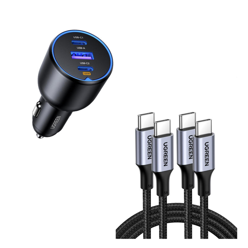 UGREEN 130W 3-Port USB C Car Charger Bundle with 100W 2-Pack 3.3FT USB C Cable