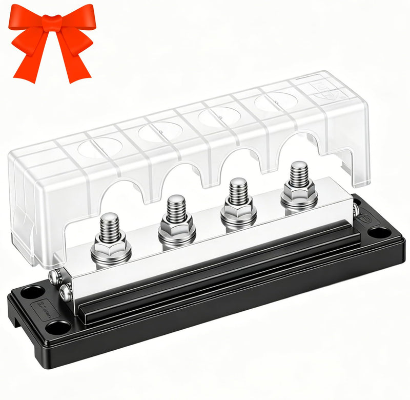 600A 48V DC Heavy Duty Bus Bar Power Distribution Terminal Block | C11000 tin-plated copper,4×M10+4×M4 studs,quick mount,for marine,automotive,RV,boat,solar positive negative power busbar