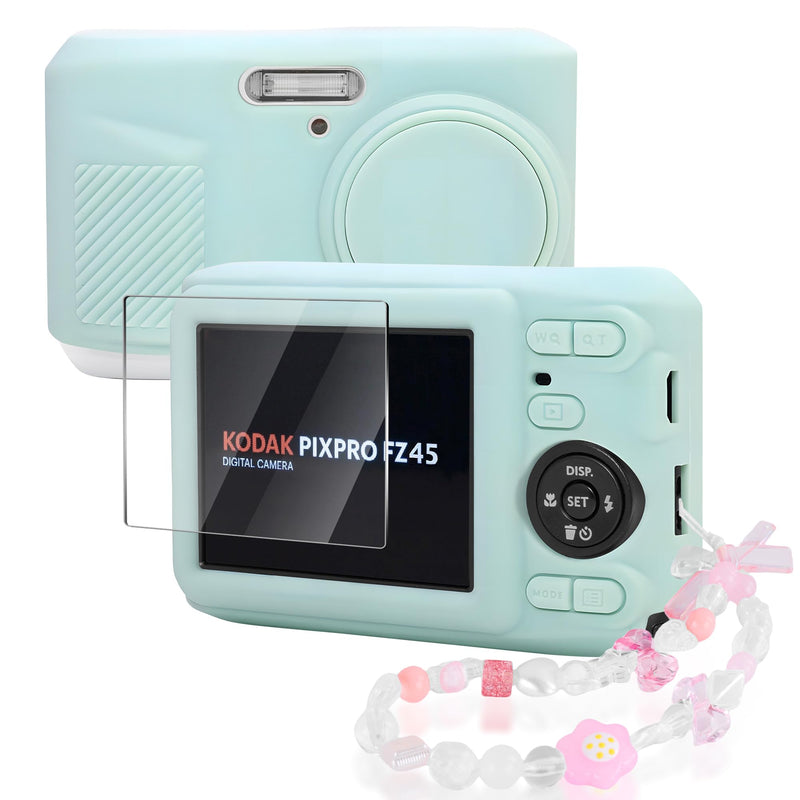 Seltureone Camera Case for Kodak PIXPRO FZ45 with Cute Camera Charm Wrist Strap and Screen Protector, Built-in Lens Cap Soft Silicone Protective Case for Kodak PIXPRO FZ45 Accessories - Mint Green