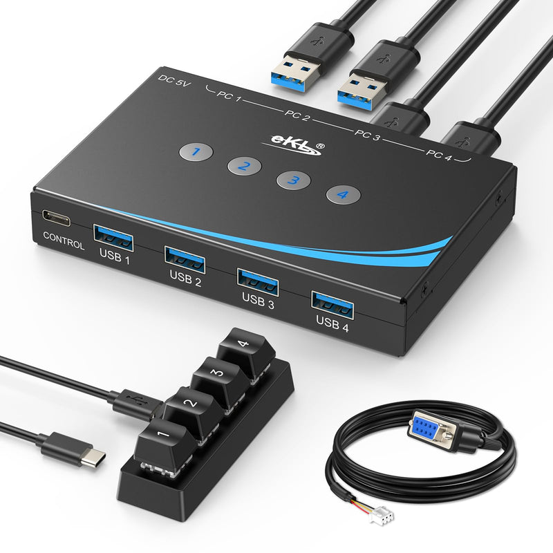 [AUSTRALIA] - eKL USB 3.0 Switch 4 Computers Sharing Mouse Keyboard Printer Scanner, 4 Port USB Switcher with RS232 Serial Switching, Remote Controller, 3.5mm Mic & Headset Audio Jack, 4 USB 3.0 Cables Included USB3.0 with remote and RS232 cable 