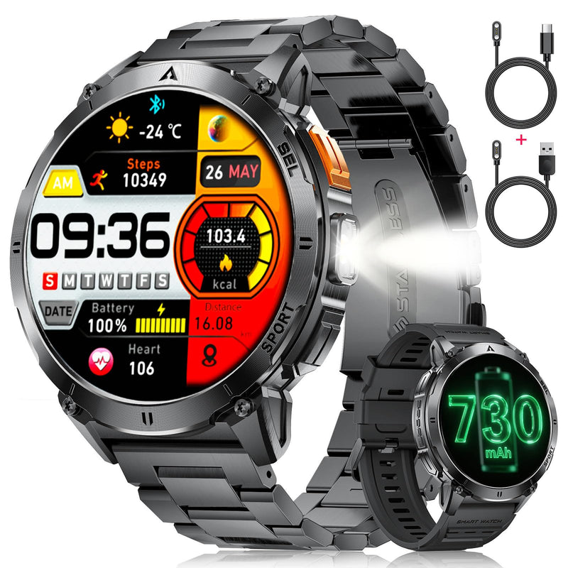 Military Smart Watches for Men, Smartwatch with 730mAh/1.62" AMOLED Screen/Flashlight/Heart Rate/Sleep/Calling/110+ Sports Mode, Rugged Men's Fitness Tracker Watch for Android iOS,Black Black metal band + black silicone