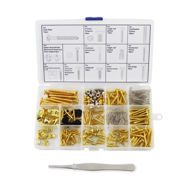 [AUSTRALIA] - Electric Guitar Screw Set, Suitable for Bridges, Pickups, Pickguards, Tuners, Toggle Switches, and Neck Plates. This 233-Piece DIY Tool Kit Includes Tweezers and Strap Buttons, Gold Golden 