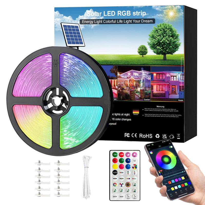 Smart Solar Led Strip Lights Outdoor, 16.4ft RGBICW Solar Rope Lights Self-Adhesive Waterproof with Remote Timer and Auto On/Off, Perfect for Deck, Patio, Poolside, Camping Decor RGBWIC