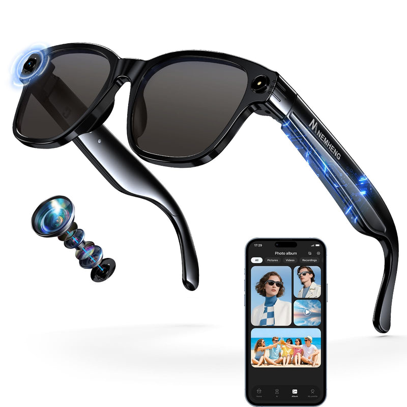 Nemheng AI Smart Glasses with 800mp Camera – Real-Time Translation in 139 Languages,1200p Video Recording,Open-Ear Audio,Object Recognition for iOS Android Glossy Black