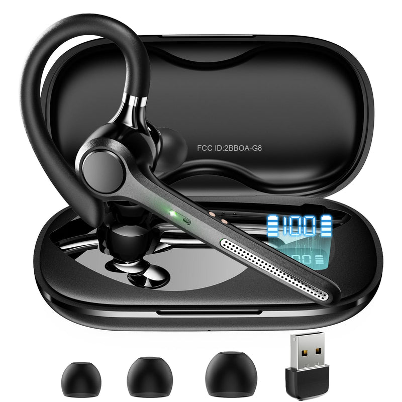 Ngsod Bluetooth Headset V5.4,USB Dongle Wireless Earpiece with Mic for Work | 500mAh Charging Case,50H Talk Time,Dual connect & Mute,ENC Noise Cancelling Lightest Headphones for Work Trucker Deep Black