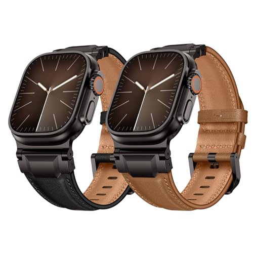 Leather Bands Compatible with Apple Watch Ultra 3/2/1 Band 49/46/45/44/42mm Men, Genuine Leather Metal Connector Strap for iWatch Ultra Series 11/10/9/8/7/SE/6/5/4, Black/Black+Light Brown/Black