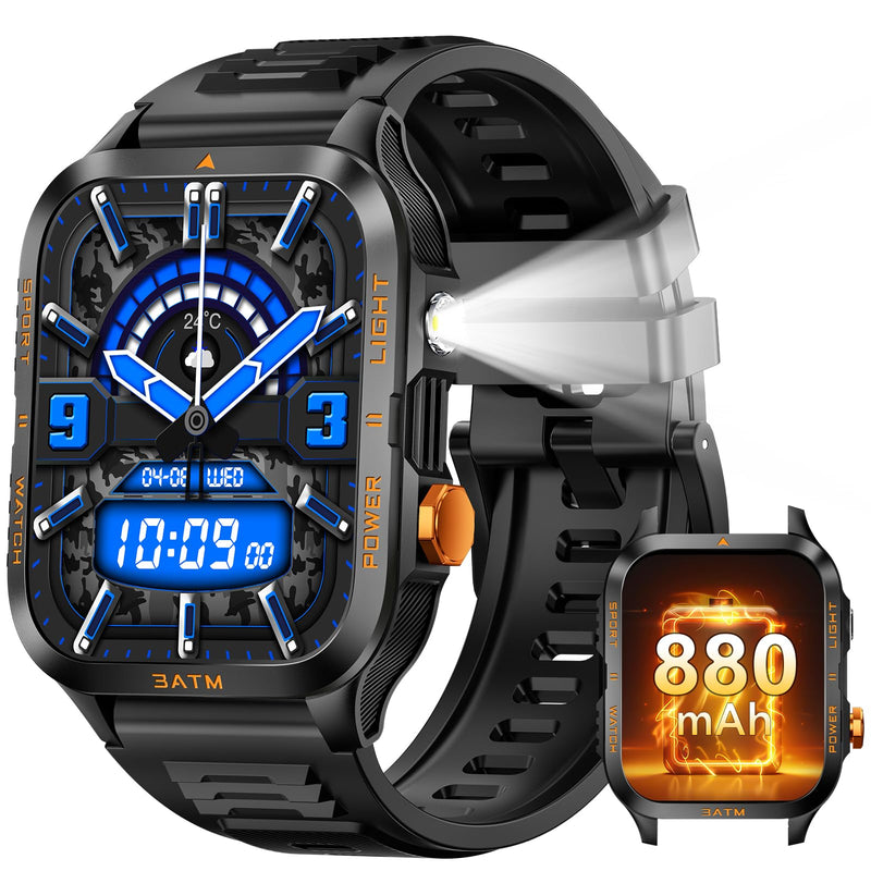 Military Smart Watches for Men (Answer/Make Call) 1.96" HD Big Screen | Rugged Tactical Smartwatch with LED Flashlight/880mAh/3ATM Waterproof/HR/Sleep Monitor, Fitness Tracker for iPhone Android Black