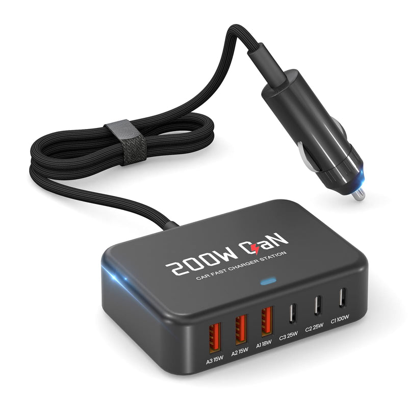 Dzytnsy 200W Car Fast Charging Station,6 Ports, Compatible with MacBook pro/Air/M5 M4 M3 M2 M1/Dell/Lenovo/HP,for iPhone 17/16/15 Series,Samsung Galaxy S26/S25 Ultra/S24 Series and More