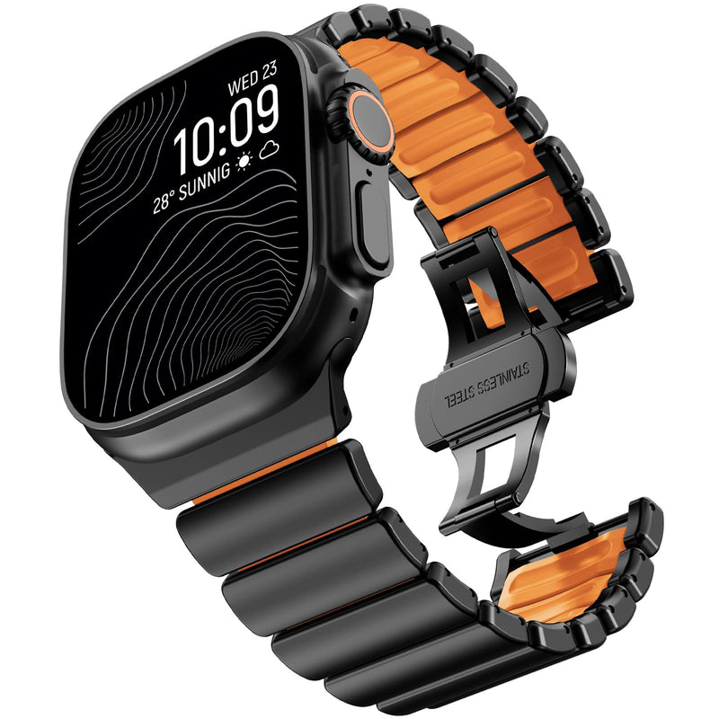 CHANCHY Titanium Silicone Band for Apple Watch Ultra 3/2/1 49/46/45/44mm | Luxury Apple Watch Bands Titanium Silicone Dual-Layer Link for Men Compatible with iWatch Series 11 10 9 8 7 6 5 4 SE 3 2 1 A-Titanium Edition, Black-Orange