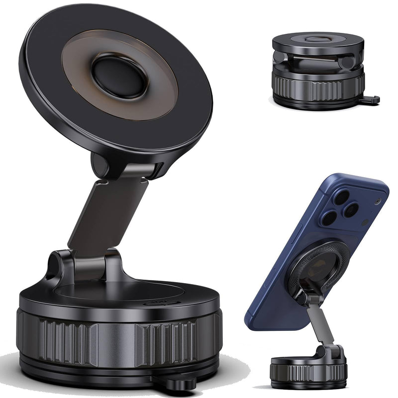 Jikasho Vacuum Magnetic Car Phone Holder for Magsafe, Hands-Free 360° Adjustable Suction Cup Phone Mount for Car/Gym/Mirror/Smooth Surface, Compatible with iPhone & Android (Black-360° Rotating Base)