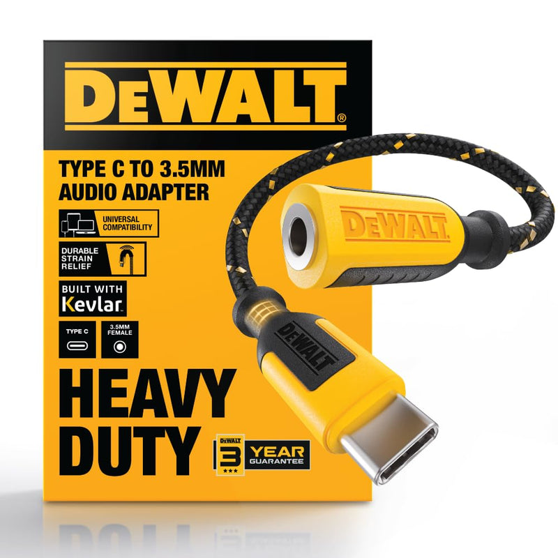DEWALT Aux to USB C Adapter – 3.5mm to USB C Audio Headphone Dongle | DAC Chip, CTIA Compatible, Kevlar-Reinforced Cable for iPhone 17 16 15, Samsung Galaxy, iPad & MacBook