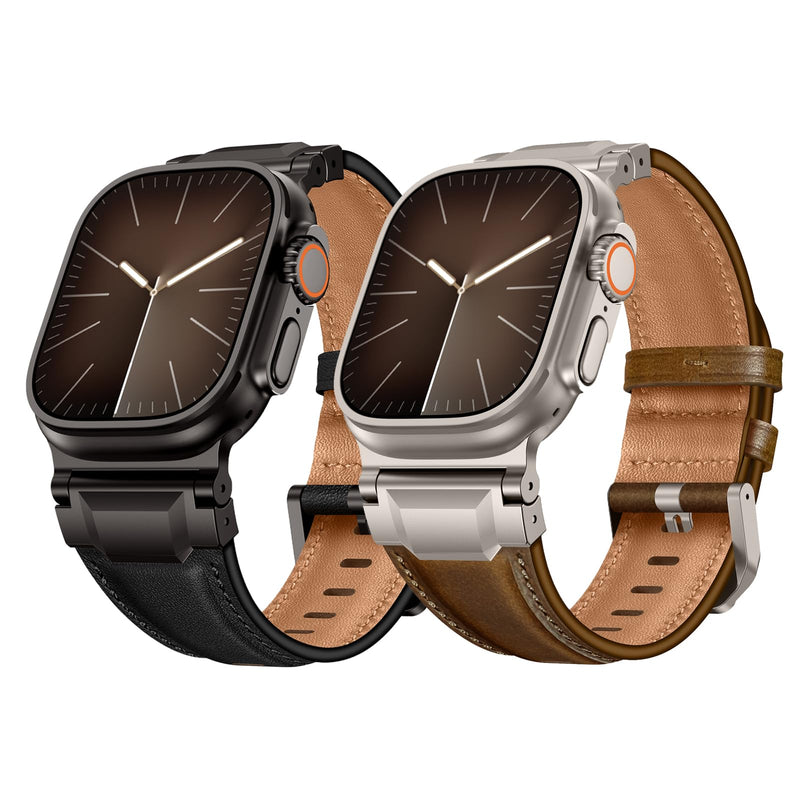 Leather Bands Compatible with Apple Watch Ultra 3/2/1 Band 49/46/45/44/42mm Men, Genuine Leather Metal Connector Strap for iWatch Ultra Series 11/10/9/8/7/SE/6/5/4, Black/Black+Retro Walnut/Titanium